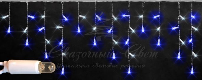 Гирлянда Бахрома 3х0.5 м, флэш, колпачок, СИНИЙ+БЕЛЫЙ, белый провод