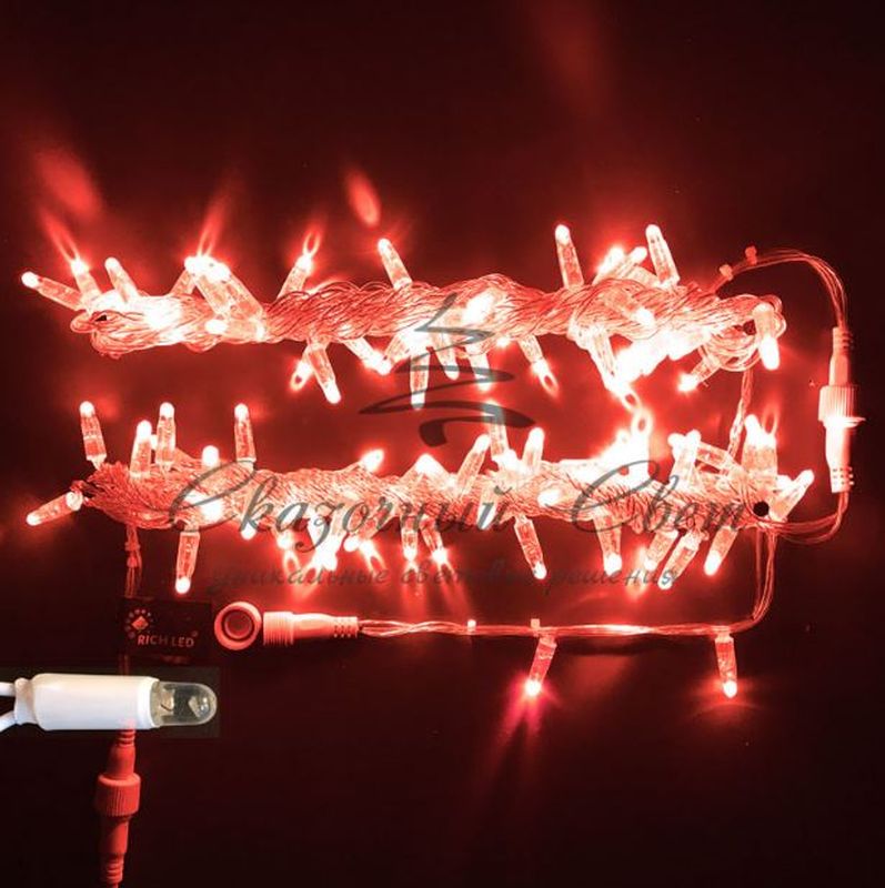 Светодиодная гирлянда Нить 10 м, 24В, герметичный колпачок, IP65, постоянного свечения, соединяемая, белый провод, Красная