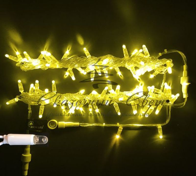 Светодиодная гирлянда Нить 10 м, 24В, герметичный колпачок, IP65, постоянного свечения, соединяемая, белый провод, Желтая