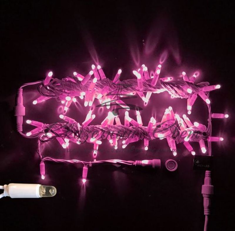 Светодиодная гирлянда Нить 10 м, 24В, герметичный колпачок, IP65, постоянного свечения, соединяемая, белый провод, Розовая