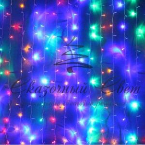 Гирлянда Занавес 2х1.5 м облегченный, ПОЛНЫЙ ФЛЕШ, МУЛЬТИ, прозрачный провод