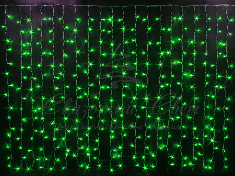 Гирлянда Занавес 2х1.5 м облегченный, колпачок, ЗЕЛЕНЫЙ, белый провод