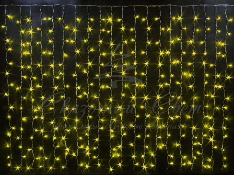 Гирлянда Занавес 2х1.5 м облегченный, флэш, колпачок, ЖЕЛТЫЙ, белый провод