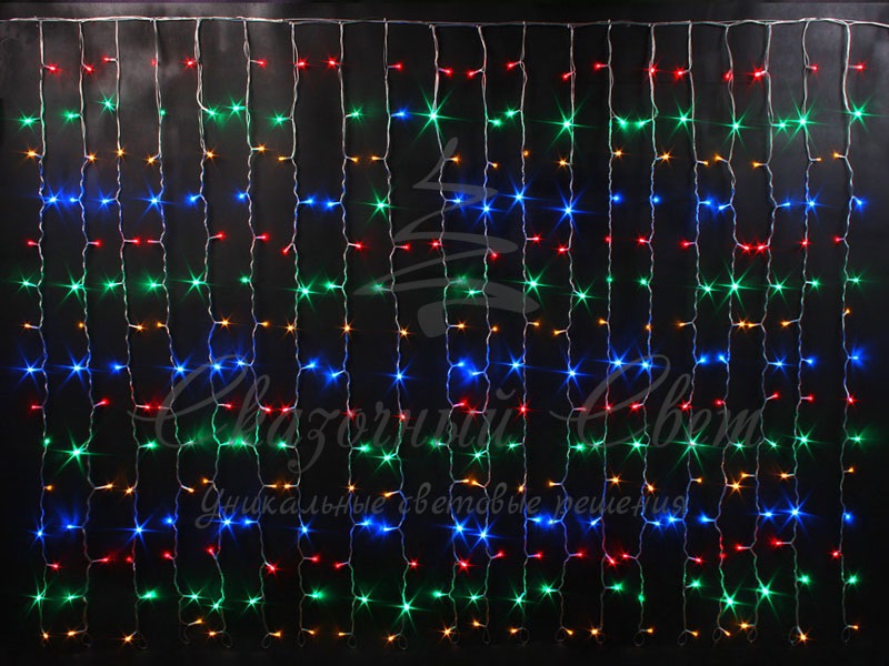 Гирлянда Занавес 2х1.5 м облегченный, флэш, колпачок, МУЛЬТИ, белый провод