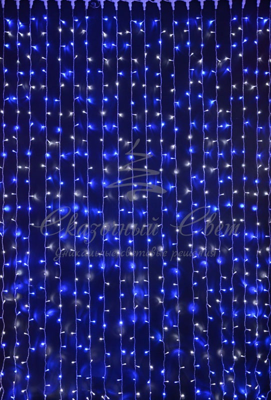 Гирлянда Занавес 2х3 м, СИНИЙ+БЕЛЫЙ, прозрачный провод