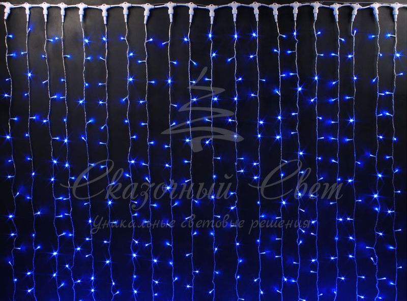 Гирлянда Занавес 2х6 м, колпачок, СИНИЙ, белый провод