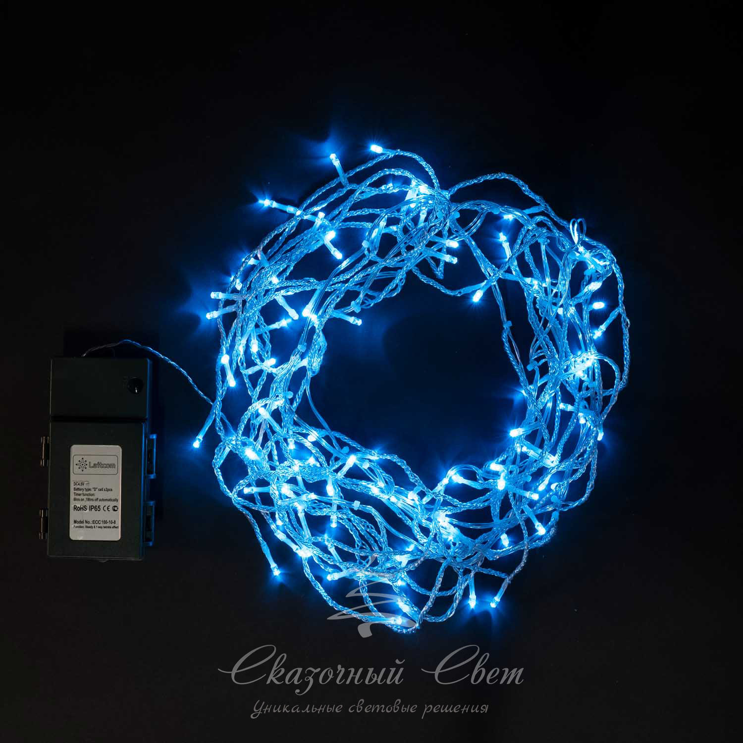 Бахрома на батарейках 3м, 3 бат. D , 4,5V, прозр. пр., 100 led, небесно голубой