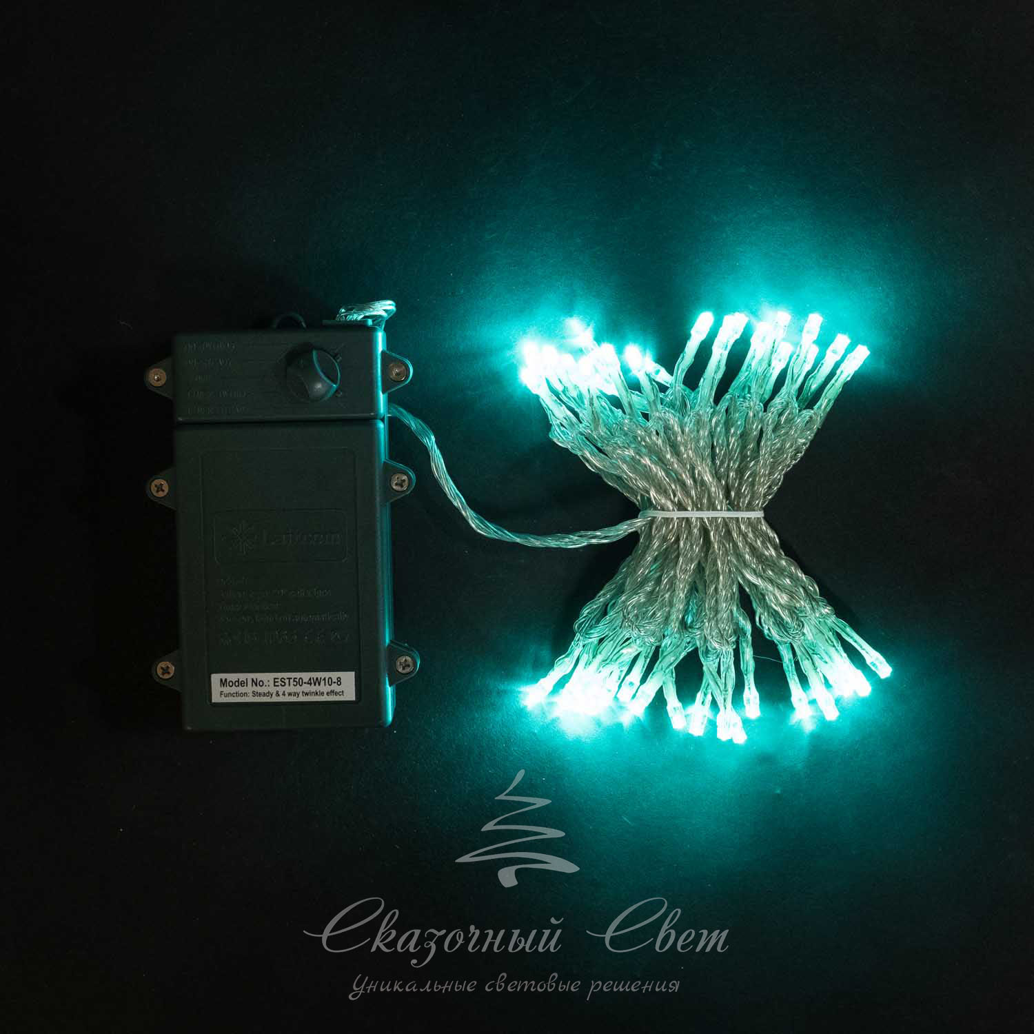 Светодиодная нить 10 м, 4,5V, прозрачный провод, 100 led, 3 бат. D , аква
