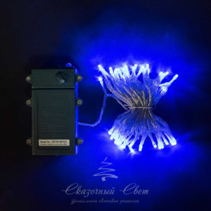 Нить на батарейках 5 м, 3 бат. «D», 4,5V, прозрачный провод, 50 led, синий