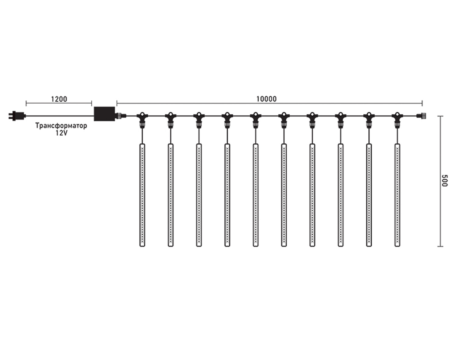 Комплект Тающие сосульки 10 шт. 10 x 0,5 м, черный провод, 720 led, теплый белый