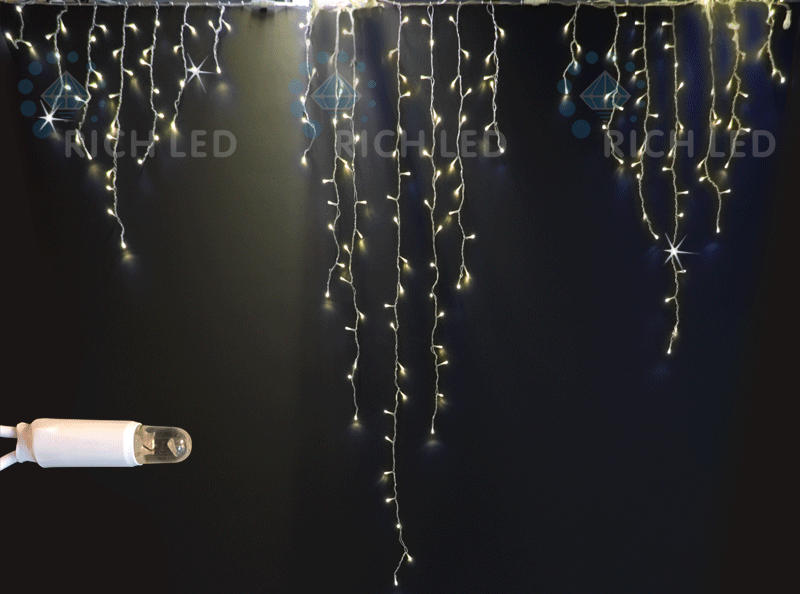 Гирлянда Бахрома, ДЛИННАЯ 2.4х2.2 м, ФЛЭШ, колпачок, ТЕПЛО БЕЛЫЙ, белый провод