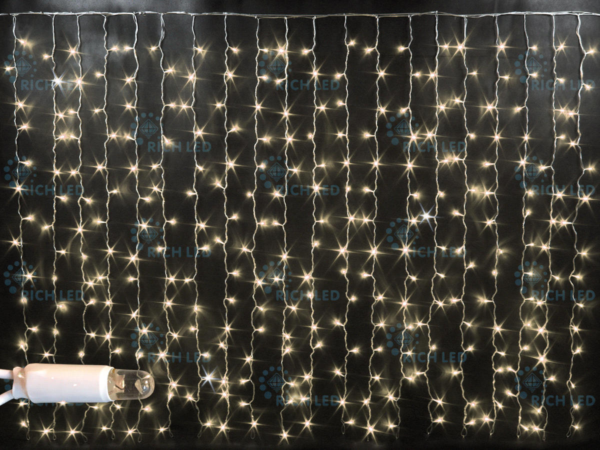 Гирлянда Занавес 2х1.5 м облегченный, флэш, ТЕПЛЫЙ БЕЛЫЙ, прозрачный провод