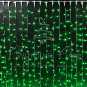 Гирлянда Занавес 2х3 м, колпачок, ЗЕЛЕНЫЙ, белый провод