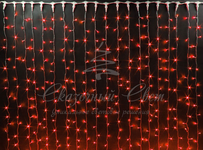 Гирлянда Занавес 2х3 м, колпачок, КРАСНЫЙ, белый провод