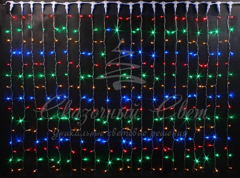 Гирлянда Занавес 2х1.5 м облегченный, колпачок, МУЛЬТИ, белый провод