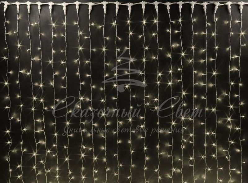 Гирлянда Занавес 2х1.5 м облегченный, колпачок, ТЕПЛО БЕЛЫЙ, белый провод