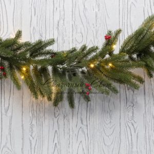 Еловый шлейф с ягодами и гирляндой NEON-NIGHT 1.8 м, 30 LED, 31 В, литой, теплое белое свечение