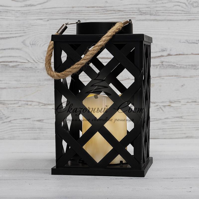 Декоративный фонарь на солнечной батарее 14х14х24 см, черный плетеный корпус, теплый белый цвет свечения NEON-NIGHT