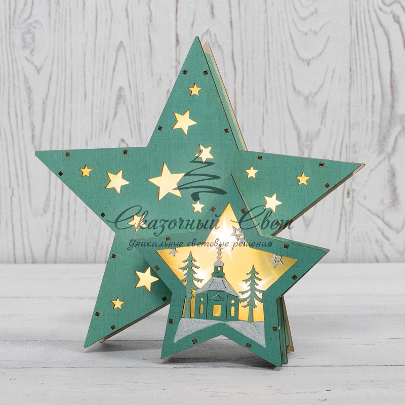 Деревянная фигура с подсветкой «Домик Звездочета» бирюзовая 26х7х25 см, NEON-NIGHT