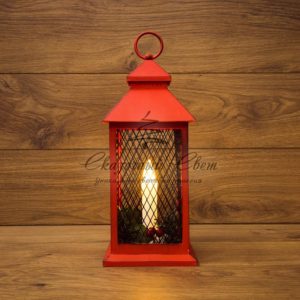 Декоративный фонарь со свечкой,  красный корпус,  размер 13.5х13.5х30,5 см,  цвет ТЕПЛЫЙ БЕЛЫЙ