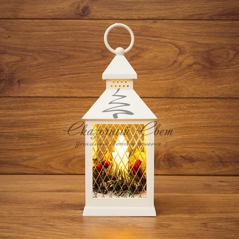 Декоративный фонарь со свечкой, белый корпус, размер 10.5х10.5х24 см, цвет ТЕПЛЫЙ БЕЛЫЙ