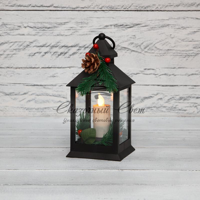 Декоративный фонарь со свечкой и шишкой, черный корпус, размер 10,7x10,7x23,5 см, цвет теплый белый
