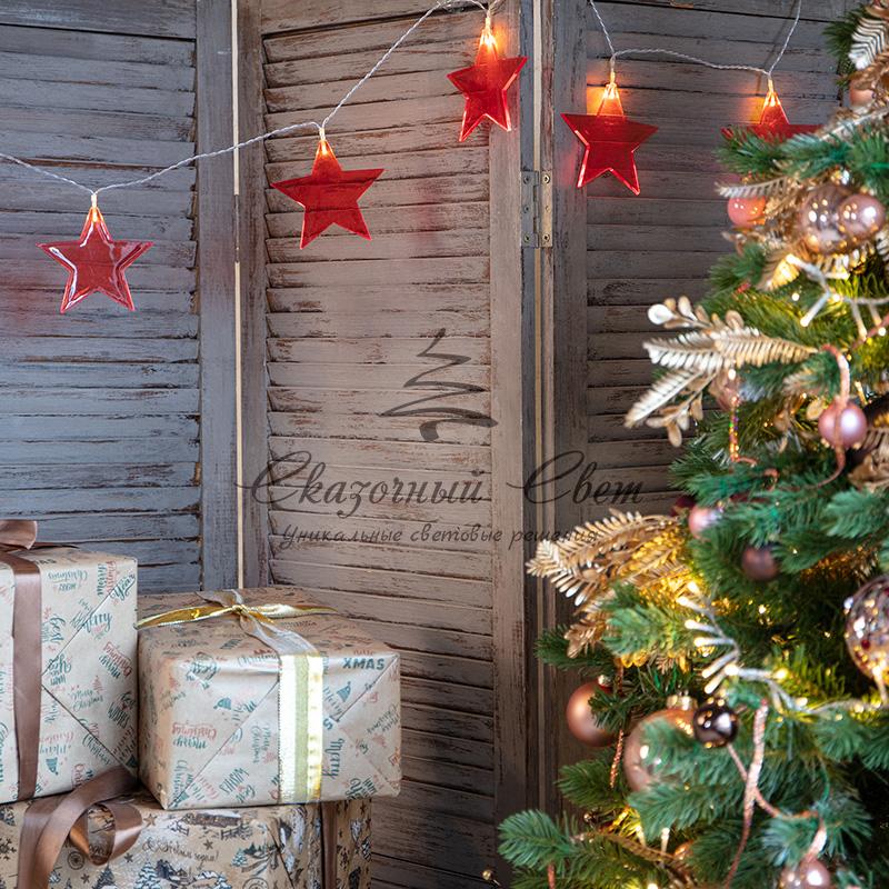 Гирлянда светодиодная «Звездопад» красная 10 LED, 2,25 м, прозрачный ПВХ, теплый белый свет свечения, 2 х АА (батарейки не в комплекте) NEON-NIGHT - Image 2