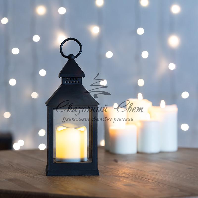 Декоративный фонарь со свечкой, черный корпус, размер 10.5х10.5х24 см, цвет ТЕПЛЫЙ БЕЛЫЙ - Image 2