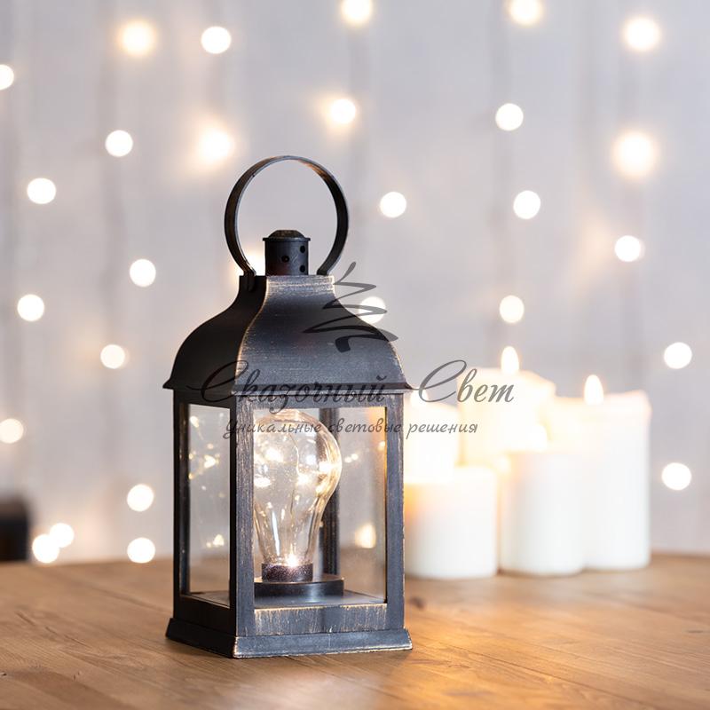 Декоративный фонарь с лампочкой, бронзовый корпус, размер 10.5х10.5х22,5 см, цвет ТЕПЛЫЙ БЕЛЫЙ - Image 2