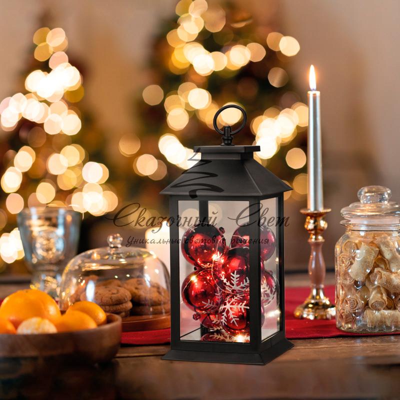 Декоративный фонарь с шариками, черный корпус, размер 14х14х27 см, цвет теплый белый - Image 2