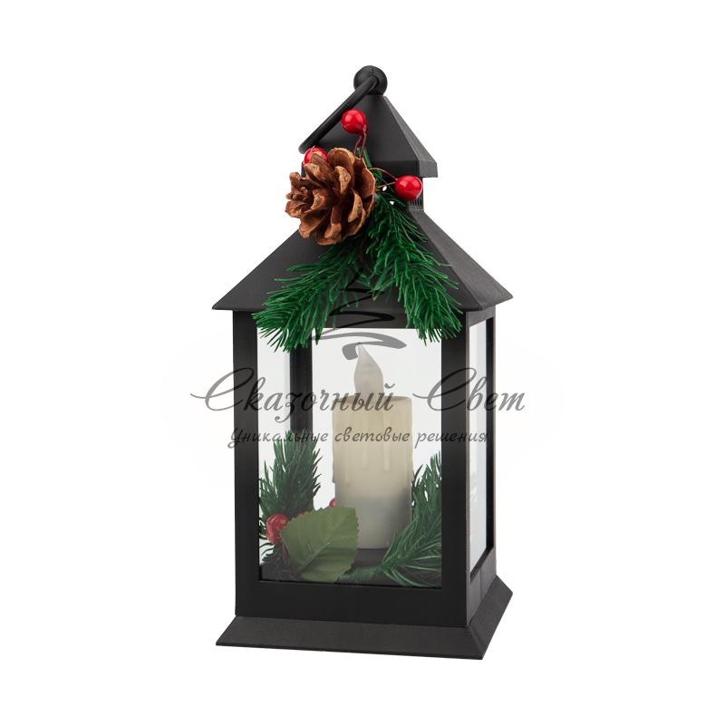 Декоративный фонарь со свечкой и шишкой, черный корпус, размер 10,7x10,7x23,5 см, цвет теплый белый - Image 5