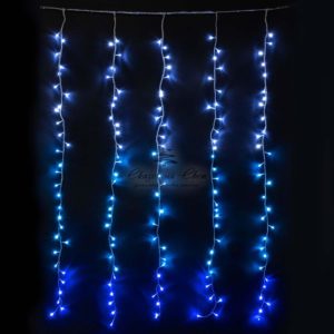 Гирлянда Занавес с Эффектом Бегущий Огонь 2 x 1,6 м Бело-Синий 24В, 150 LED, Провод Прозрачный Силикон, IP65