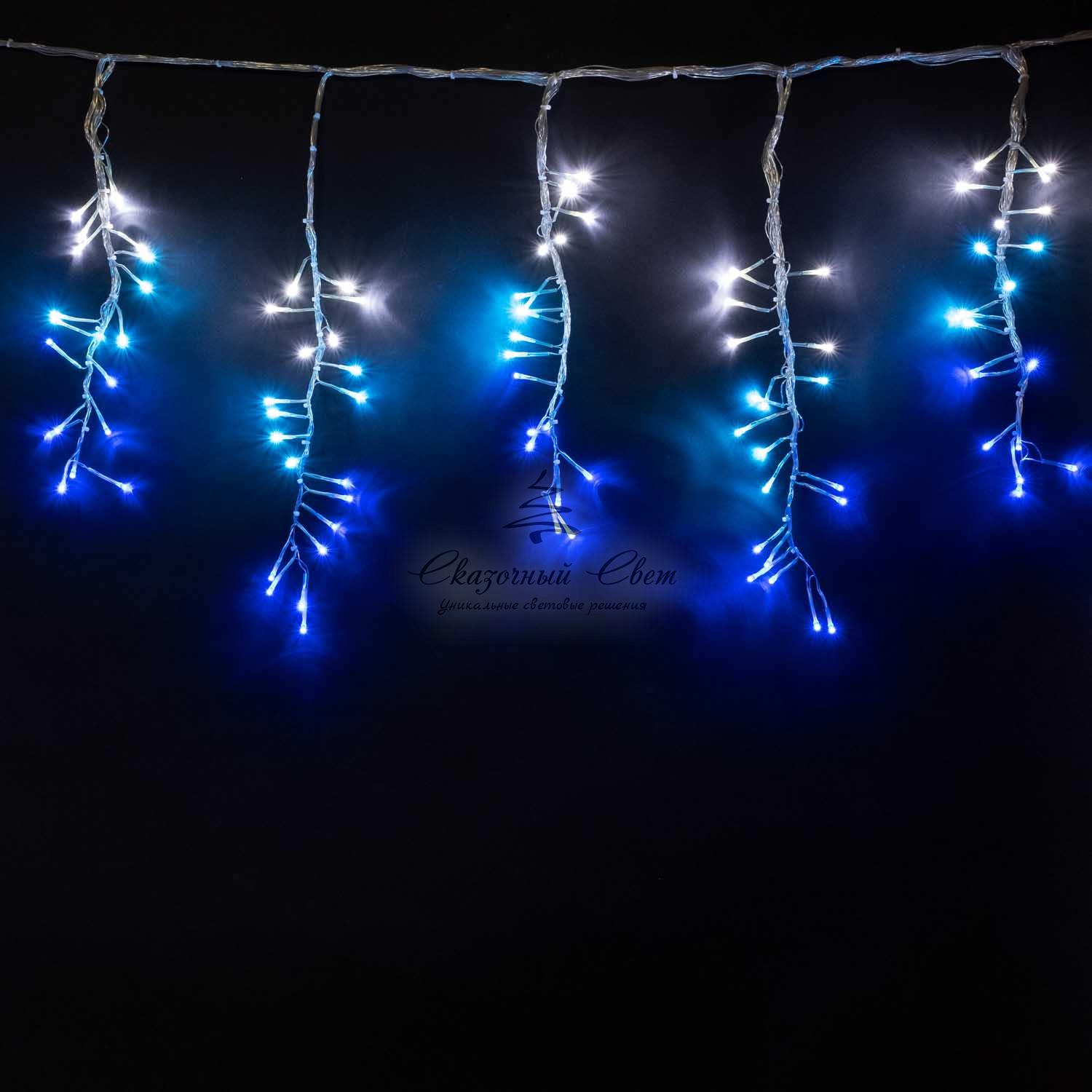 Гирлянда Бахрома с Эффектом Бегущий Огонь 1,75 x 0,4 м Бело-Синяя 24В, 320 LED, Провод Прозрачный Силикон, IP65