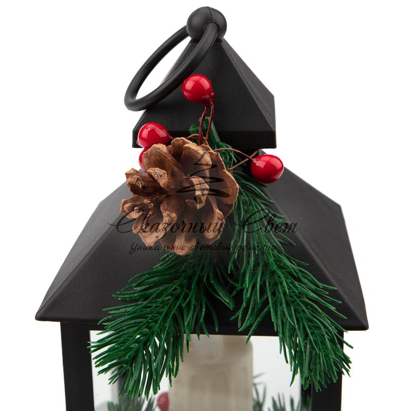 Декоративный фонарь со свечкой и шишкой, черный корпус, размер 10,7x10,7x23,5 см, цвет теплый белый - Image 6