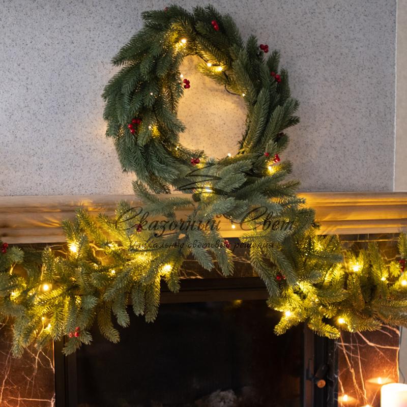 Еловый шлейф с ягодами и гирляндой NEON-NIGHT 1.8 м, 30 LED, 31 В, литой, теплое белое свечение - Image 7