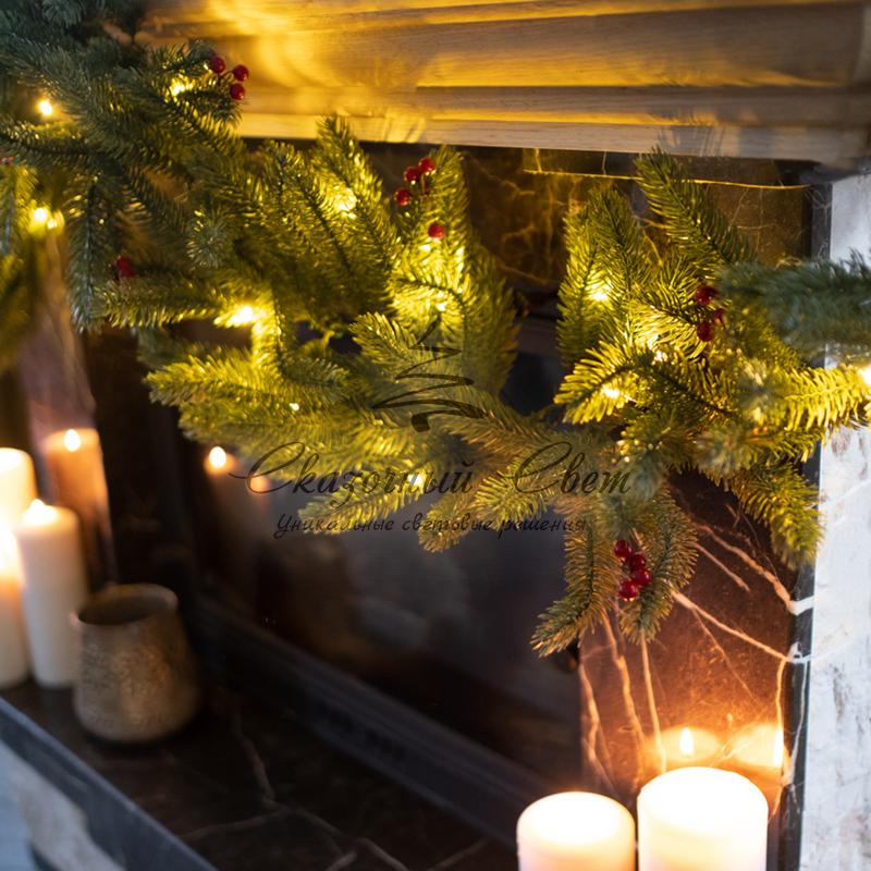 Еловый шлейф с ягодами и гирляндой NEON-NIGHT 1.8 м, 30 LED, 31 В, литой, теплое белое свечение - Image 8