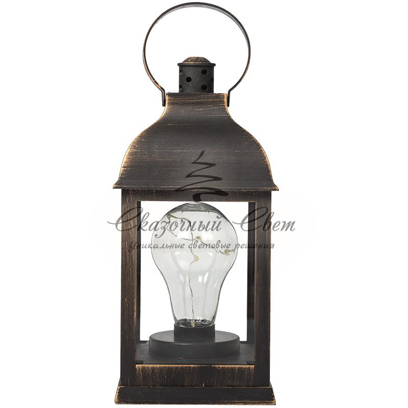 Декоративный фонарь с лампочкой, бронзовый корпус, размер 10.5х10.5х22,5 см, цвет ТЕПЛЫЙ БЕЛЫЙ - Image 9