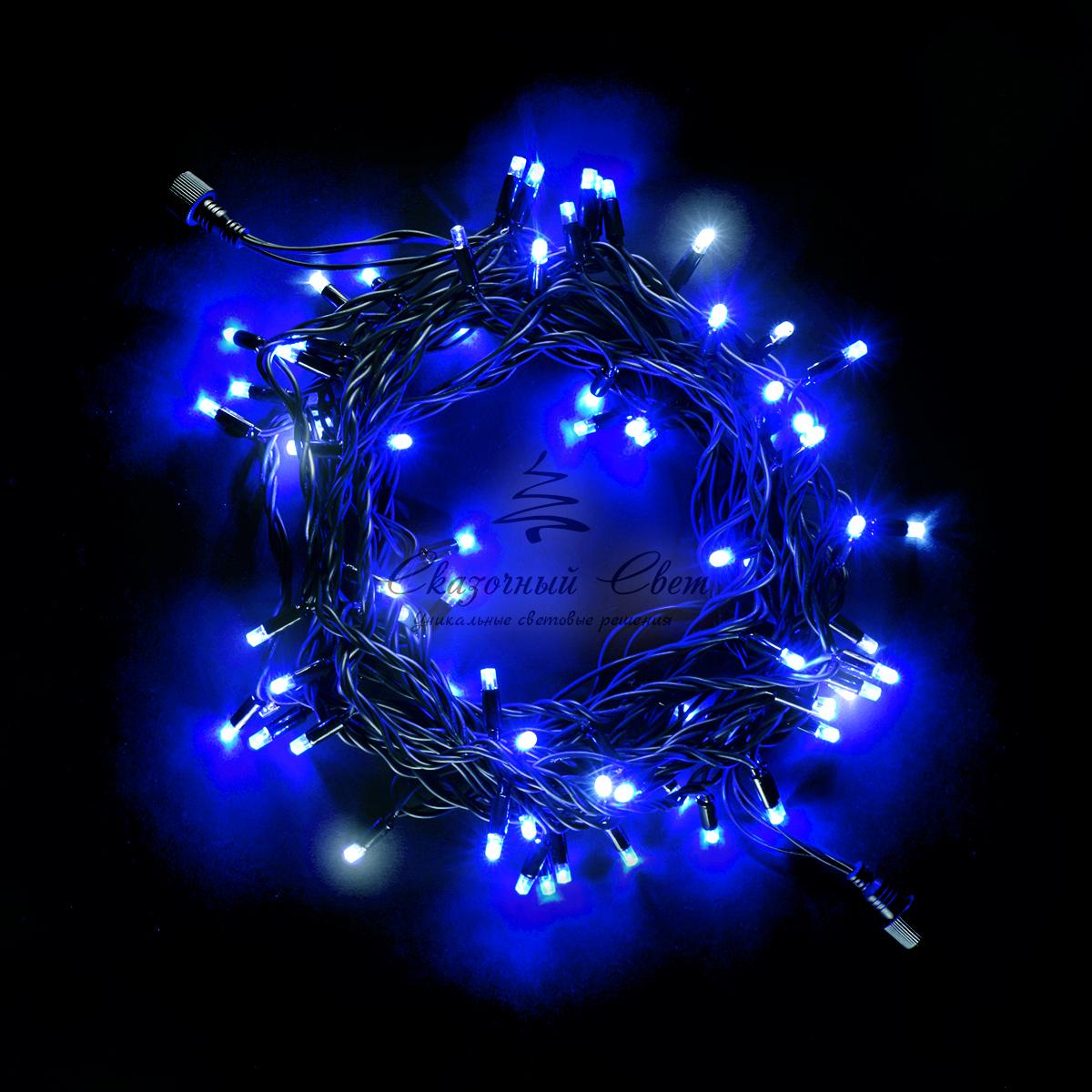 Гирлянда Нить 10м Синяя с Мерцанием Белого Диода, 75 LED, Провод Черный Каучук, IP54