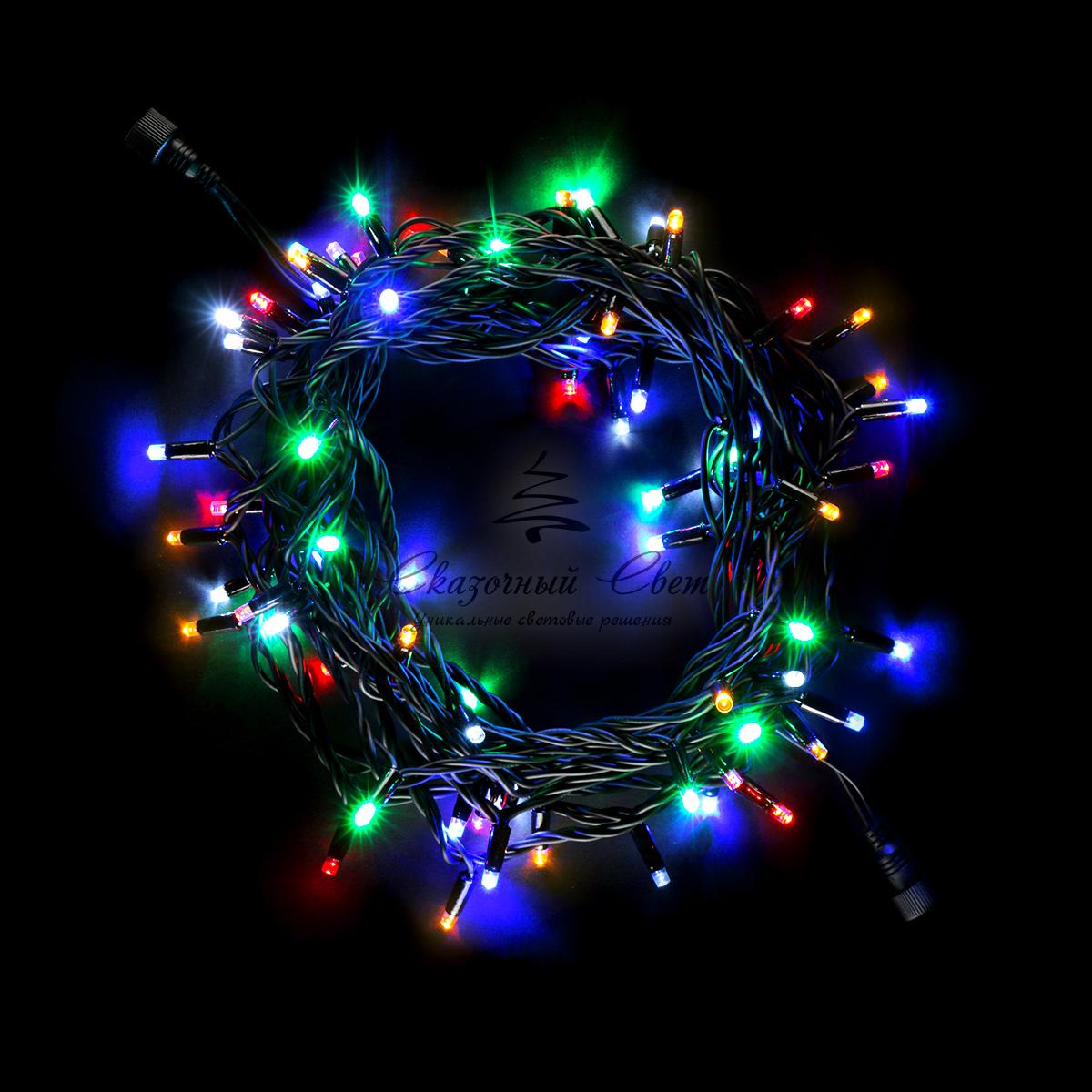 Гирлянда Нить 10м Разноцветная с Мерцанием Белого Диода, 75 LED, Провод Черный Каучук, IP54