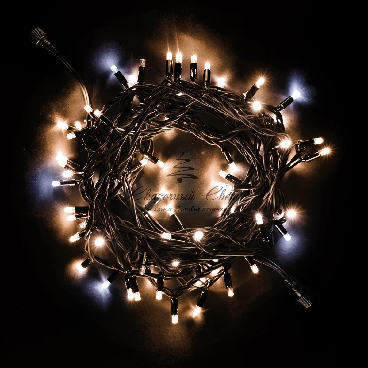 Гирлянда Нить 10м Тепло-Белая с Мерцанием Белого Диода, 75 LED, Провод Черный Каучук, IP54