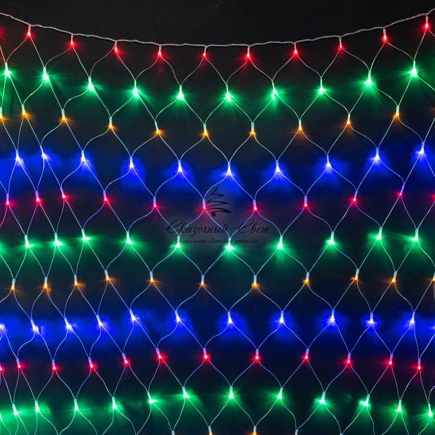 Светодиодная Сеть 2 x 3 м Разноцветная с Контроллером, 384 LED, Провод Прозрачный ПВХ, IP54