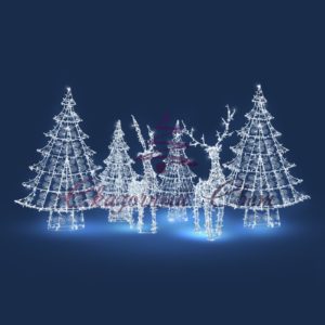 Композиции олени в лесу: (олень Ажур серия 1,9м динамика2шт, елка Ажур серия 2,м2шт, елка Ажур серия 2,5м2шт,)