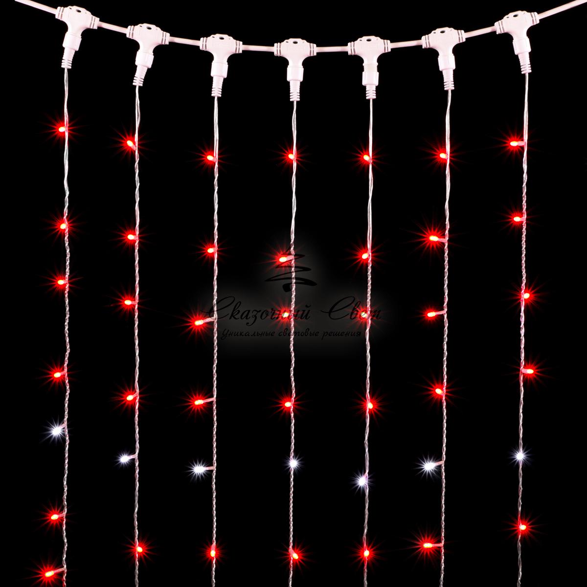 Гирлянда Занавес 2 x 3 м Красный с Мерцанием Белого Диода, 600 LED, Провод Прозрачный ПВХ, IP54