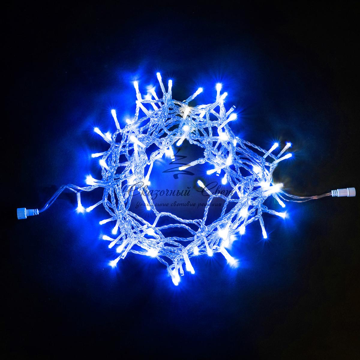 Гирлянда Нить 10м Синяя с Мерцанием Белого Диода 24В, 100 LED, Провод Прозрачный ПВХ, IP54