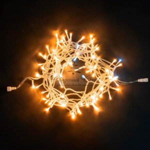 Гирлянда Нить 10м Желтая с Мерцанием Белого Диода, 100 LED, Провод Прозрачный ПВХ, IP54
