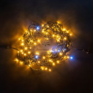 Гирлянда Нить 10м Желтая с Мерцанием Белого Диода 24В, 100 LED, Провод Черный ПВХ, IP54