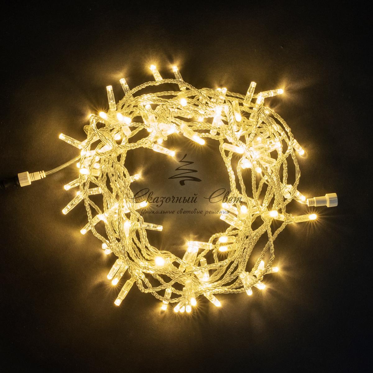 Гирлянда Нить с Колпачком 10м Тепло-Белая 24В, 100 LED, Провод Прозрачный ПВХ, IP65