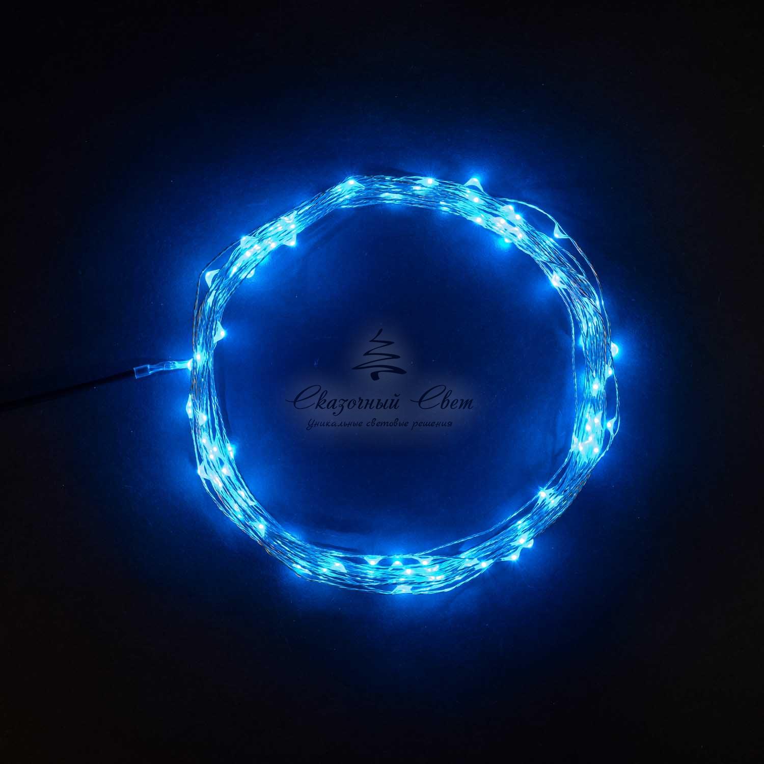 Гирлянда Роса 10м Синяя 12В, 100 LED, Провод Прозрачный Проволока, IP20