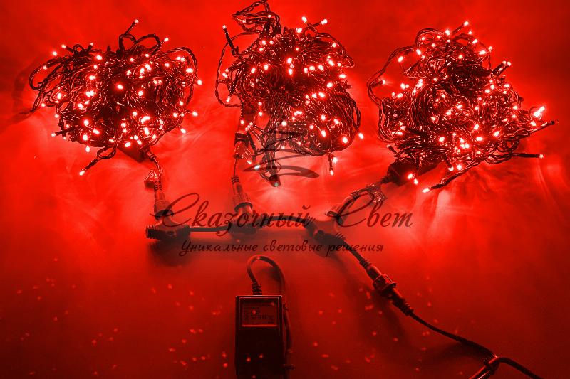 Светодиодная гирлянда спайдер, 3 нити по 20м, флэш, черный провод, красная