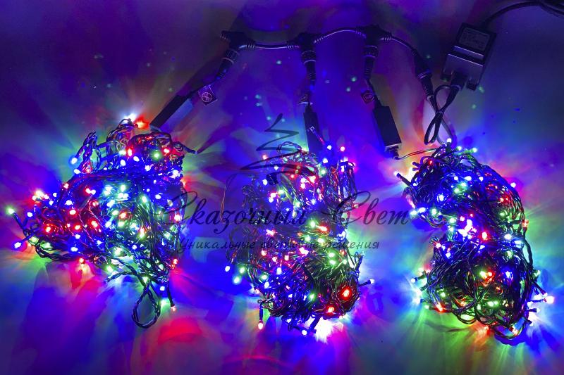 Светодиодная гирлянда спайдер, 3 нити по 20м, флэш, темно-зеленый провод, мульти